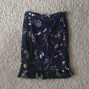 Vintage Jay Jacobs Black Floral and Dragonfly Print Ruffle Midi Skirt Size M